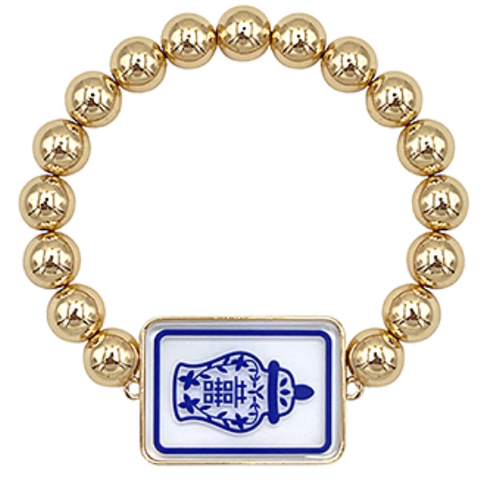 Mahjong Ginger Jar Bracelet in Gold, Blue & White